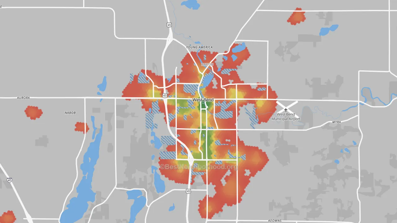 Walk Grade map of West Bend, WI, walkable areas in green and car-dependent areas in red