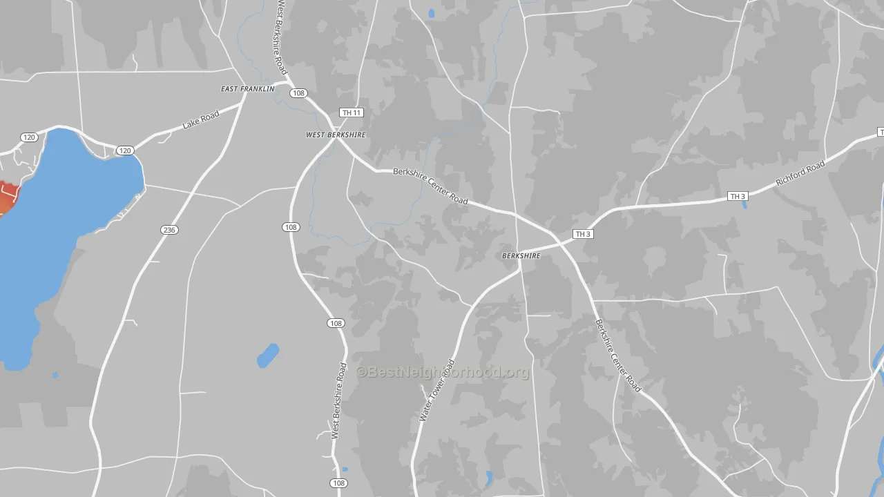 Walk Grade map of West Berkshire, VT, walkable areas in green and car-dependent areas in red