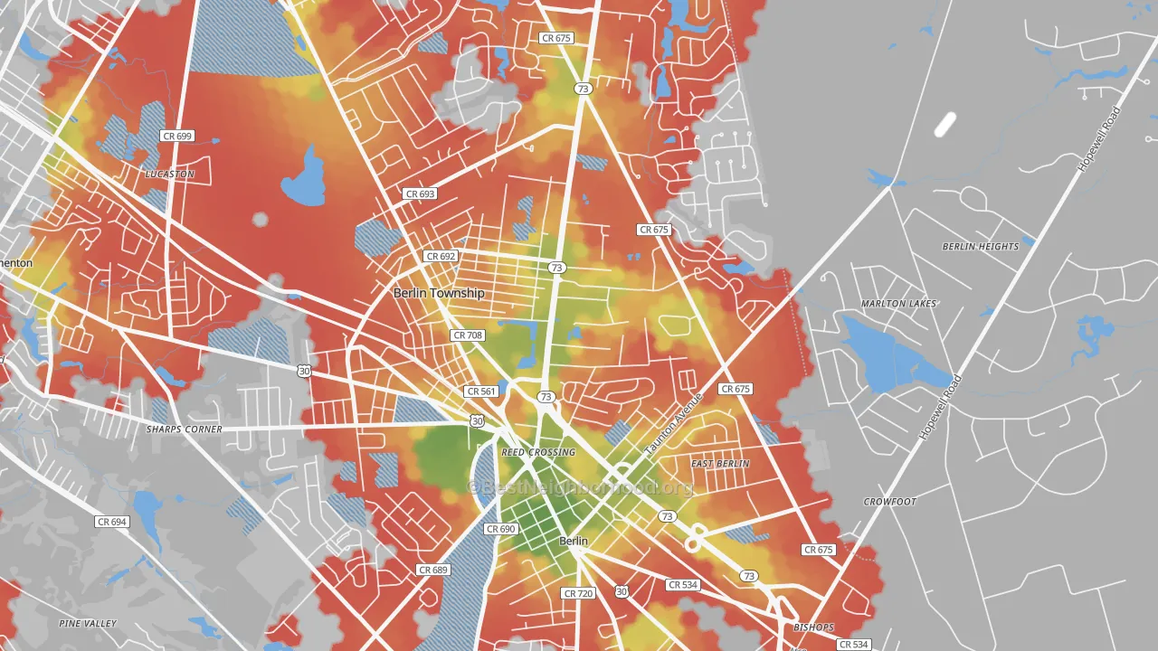 Walk Grade map of West Berlin, NJ, walkable areas in green and car-dependent areas in red