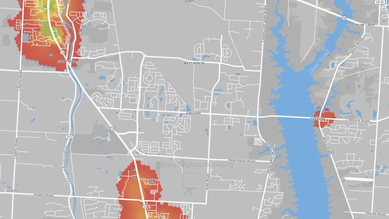 Walk Grade map of West Berlin, OH, walkable areas in green and car-dependent areas in red