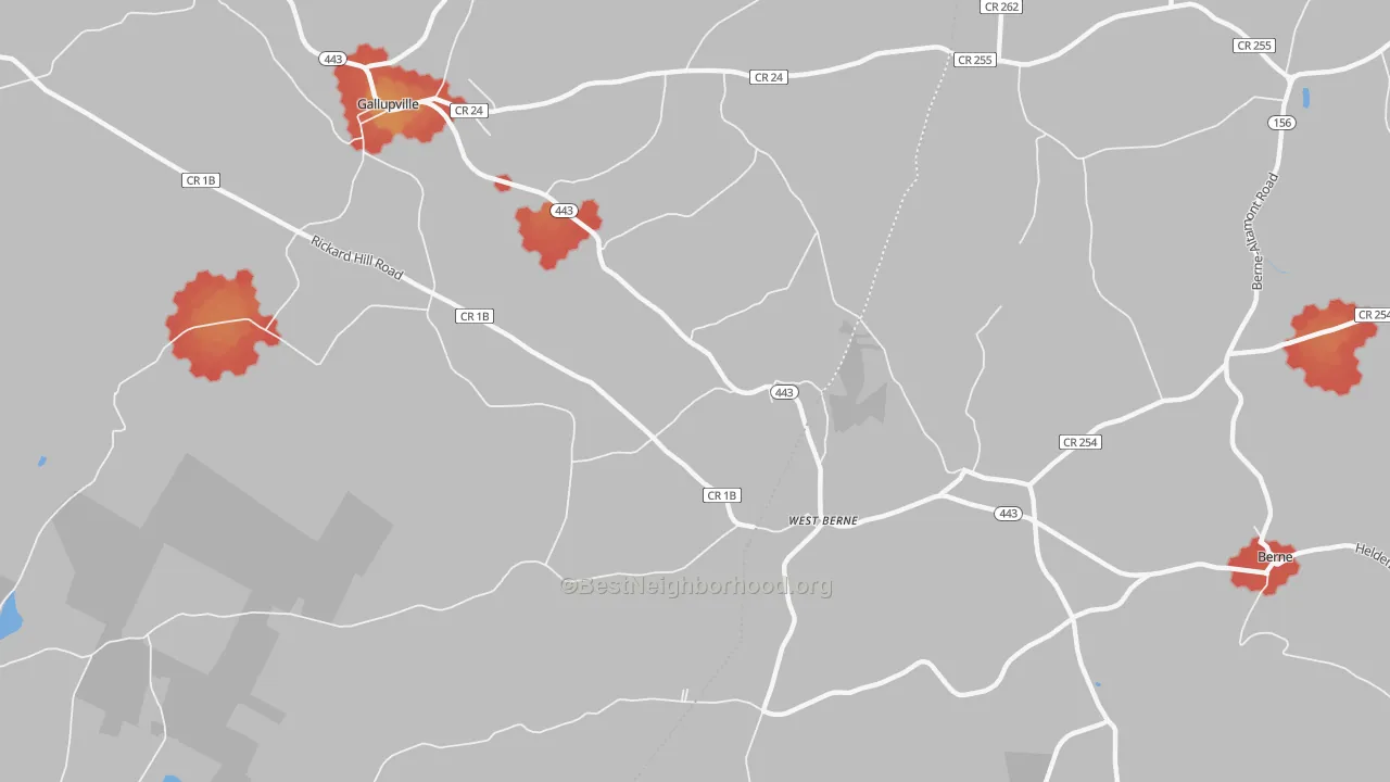 Walk Grade map of West Berne, NY, walkable areas in green and car-dependent areas in red