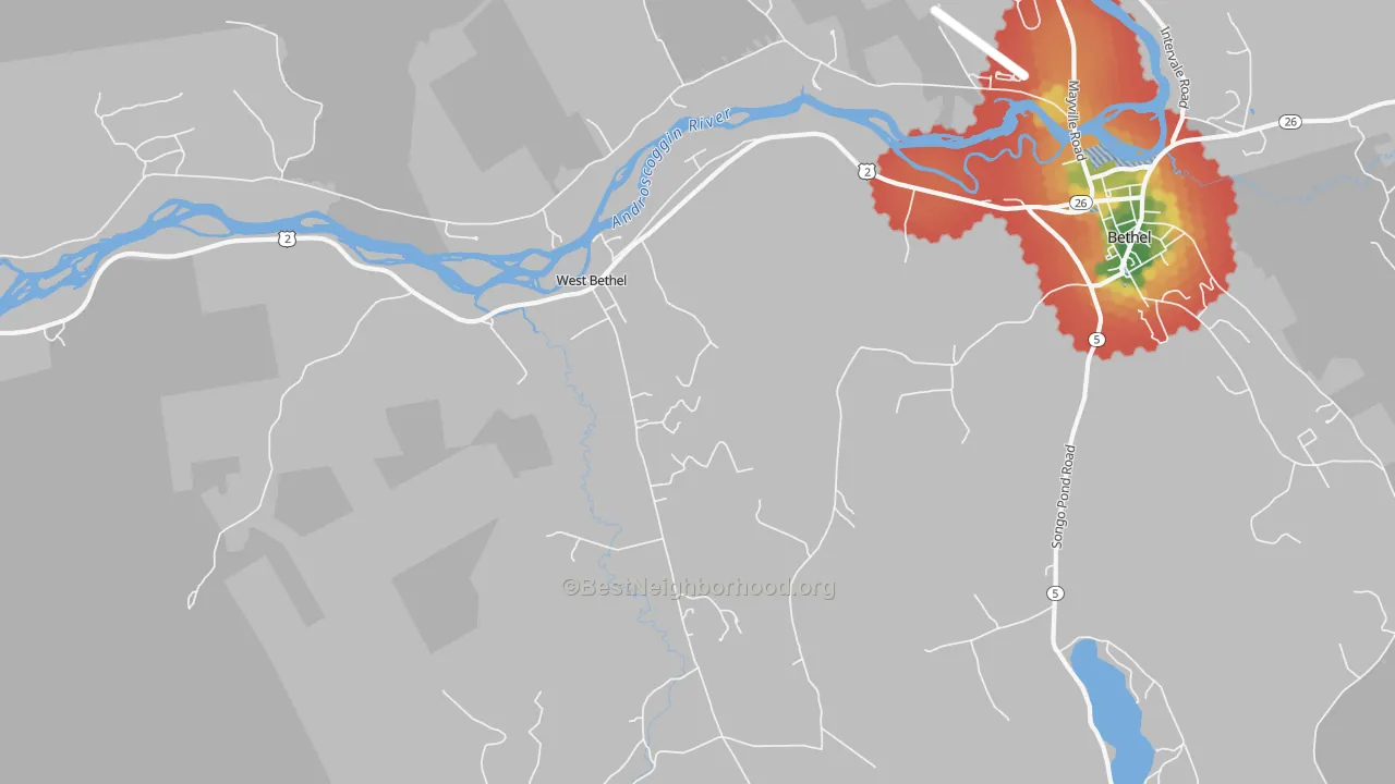 Walk Grade map of West Bethel, ME, walkable areas in green and car-dependent areas in red