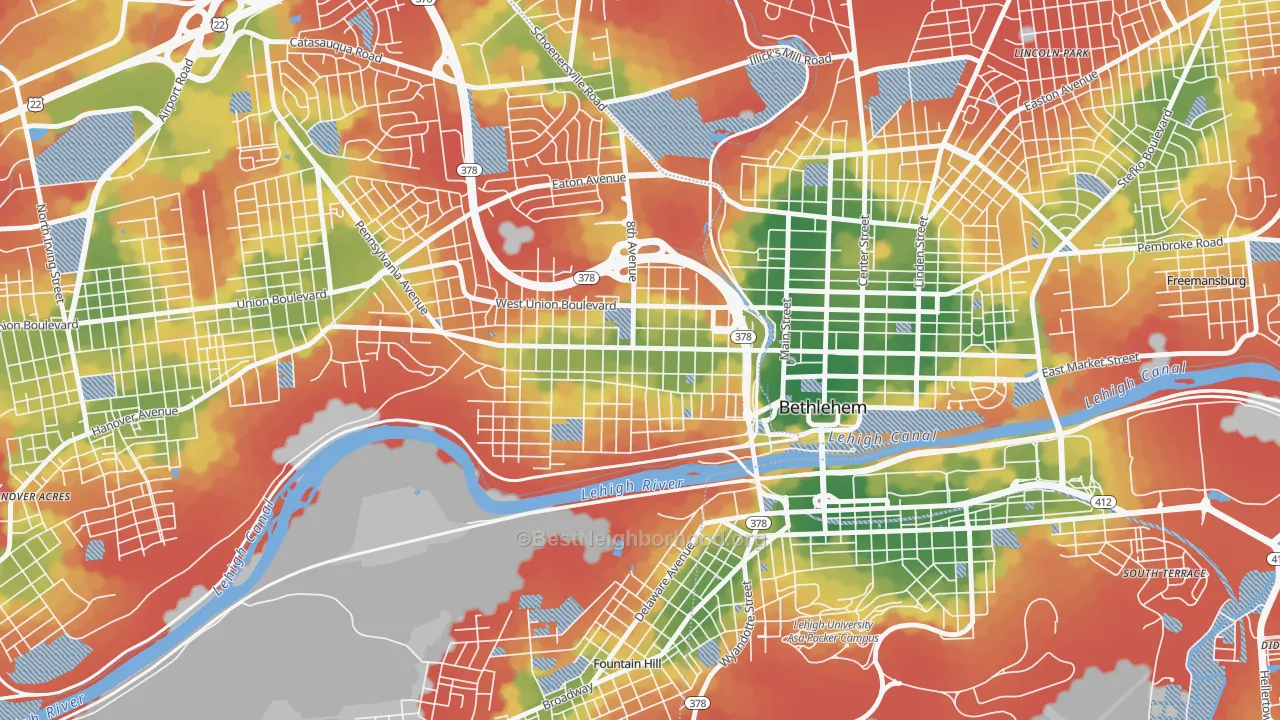 Walk Grade map of West Bethlehem, Bethlehem, PA, walkable areas in green and car-dependent areas in red
