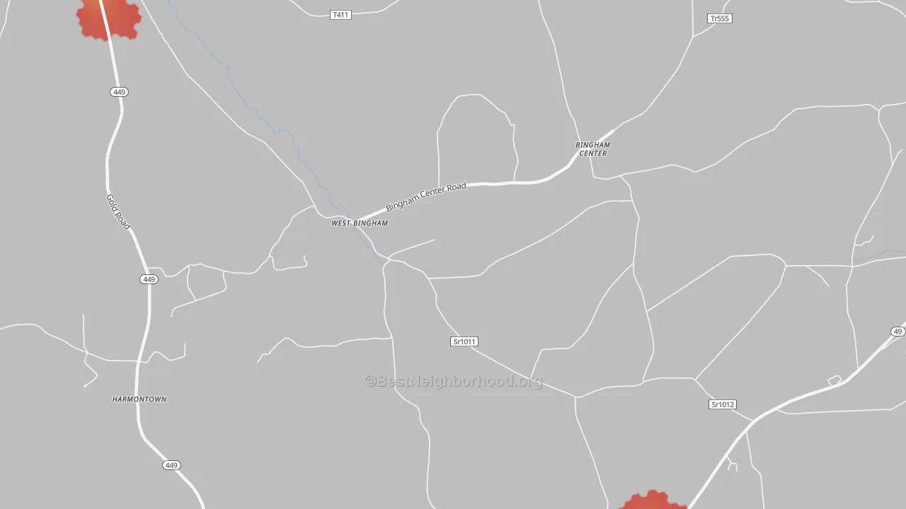 Walk Grade map of West Bingham, PA, walkable areas in green and car-dependent areas in red