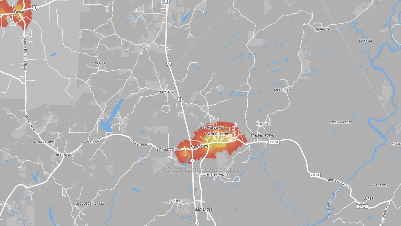 Walk Grade map of West Blocton, AL, walkable areas in green and car-dependent areas in red