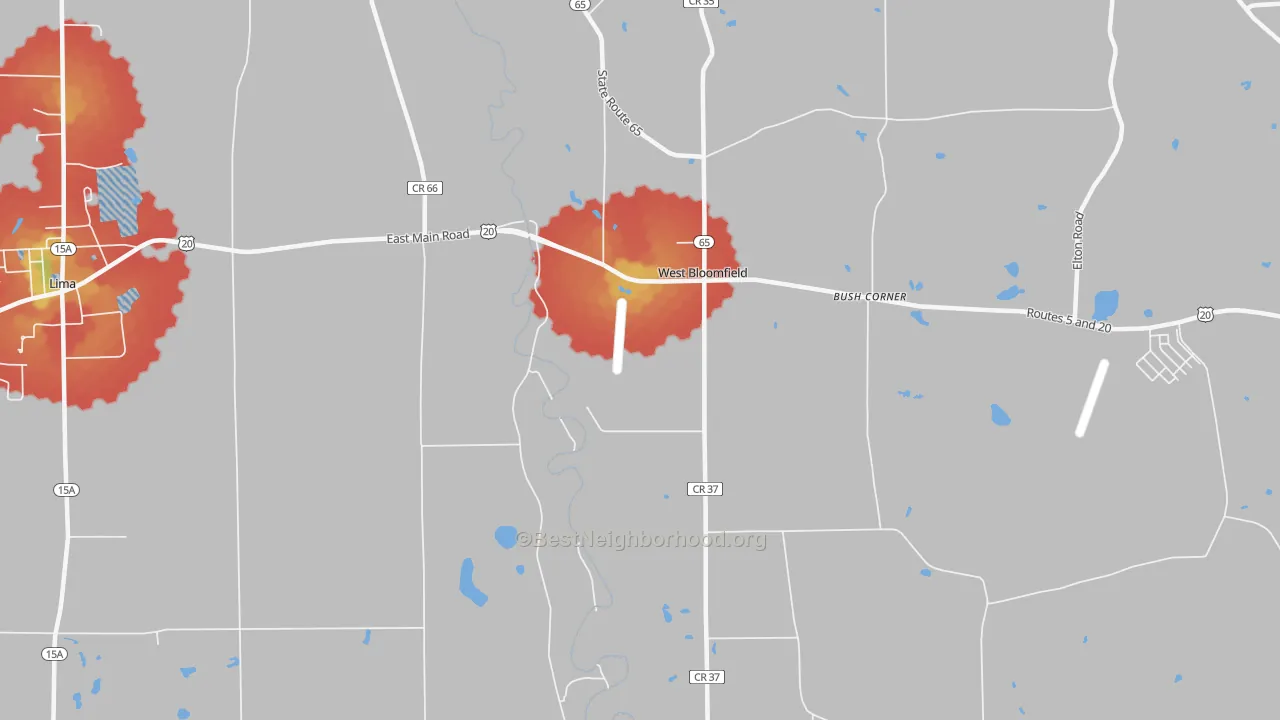 Walk Grade map of West Bloomfield, NY, walkable areas in green and car-dependent areas in red
