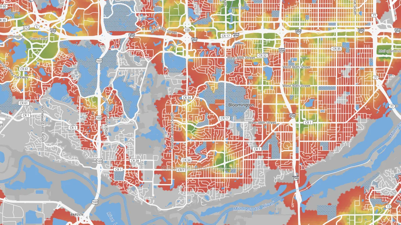 Walk Grade map of West Bloomington, Bloomington, MN, walkable areas in green and car-dependent areas in red