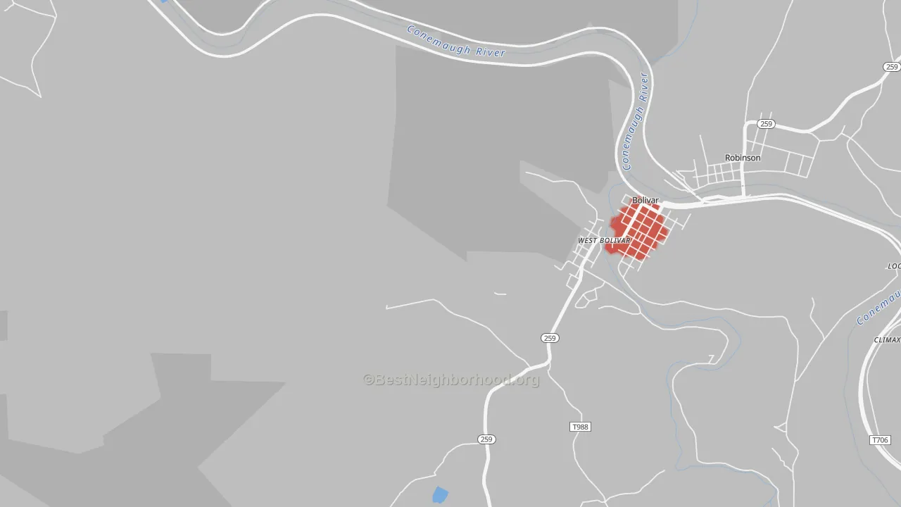 Walk Grade map of West Bolivar, PA, walkable areas in green and car-dependent areas in red