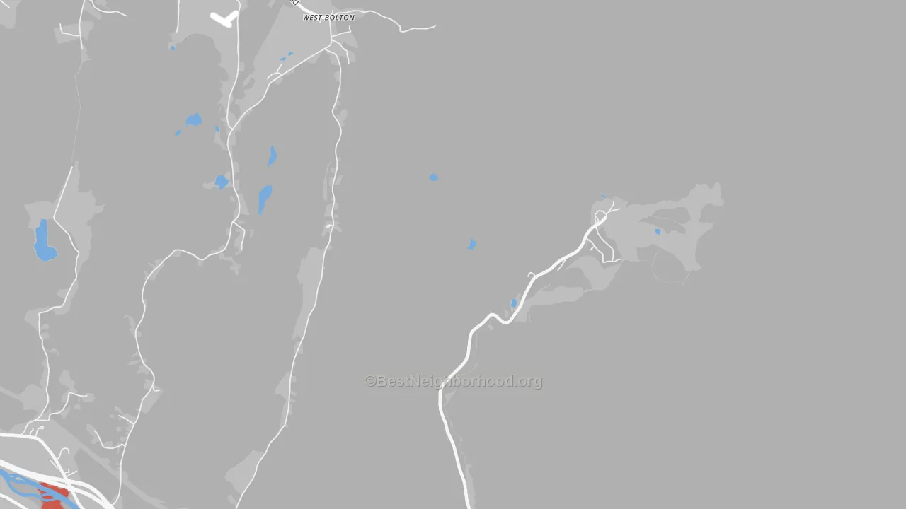 Walk Grade map of West Bolton, VT, walkable areas in green and car-dependent areas in red