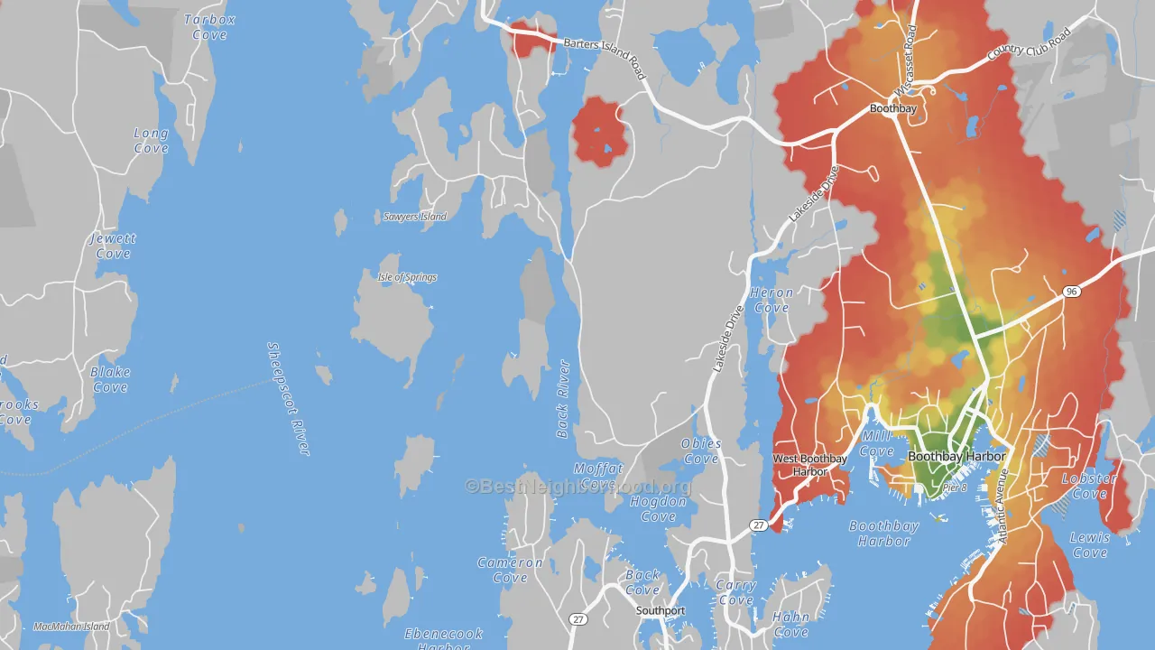 Walk Grade map of West Boothbay Harbor, ME, walkable areas in green and car-dependent areas in red