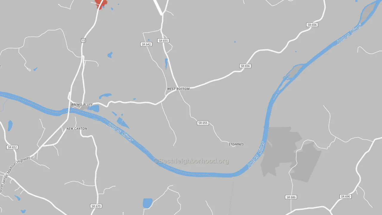 Walk Grade map of West Bottom, VA, walkable areas in green and car-dependent areas in red