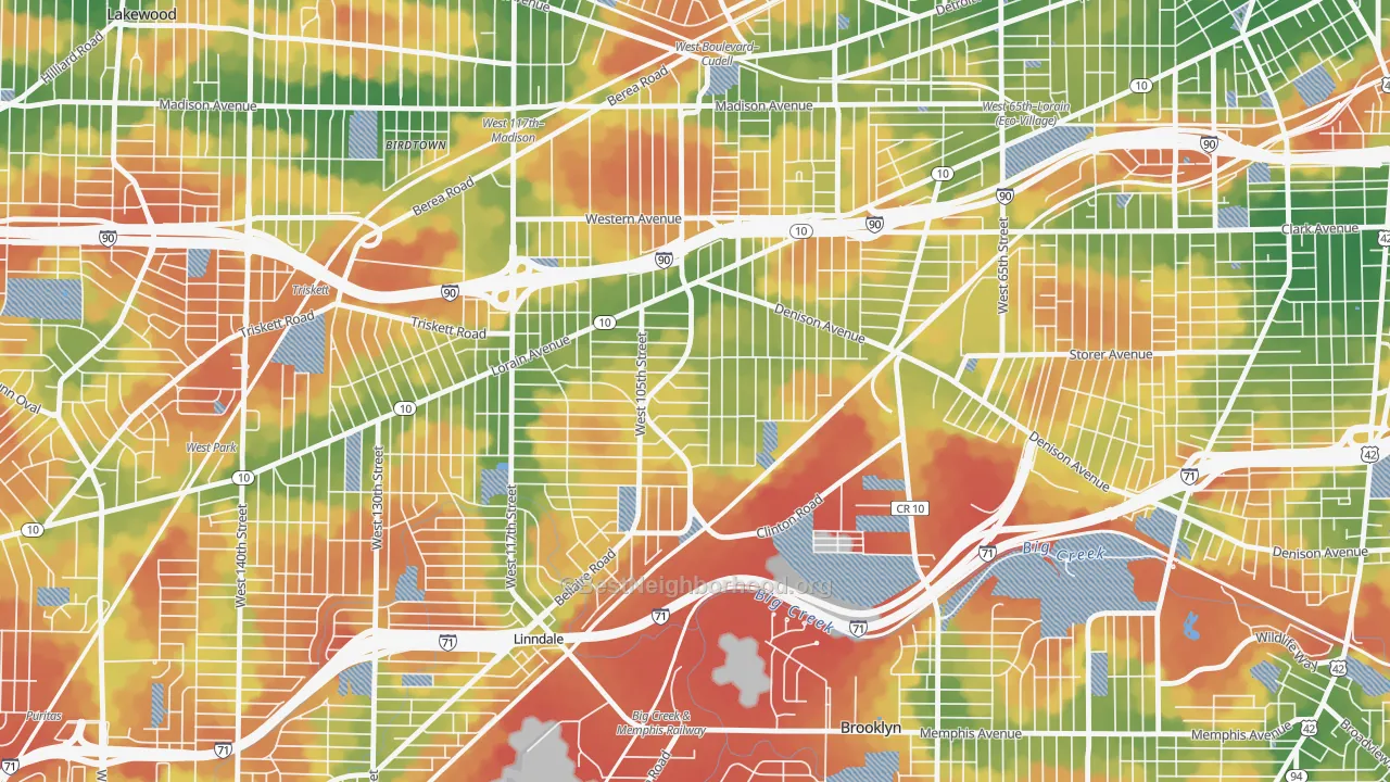 Walk Grade map of West Boulevard, Cleveland, OH, walkable areas in green and car-dependent areas in red