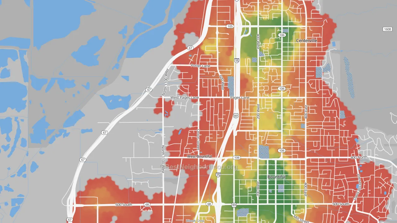 Walk Grade map of West Bountiful, UT, walkable areas in green and car-dependent areas in red