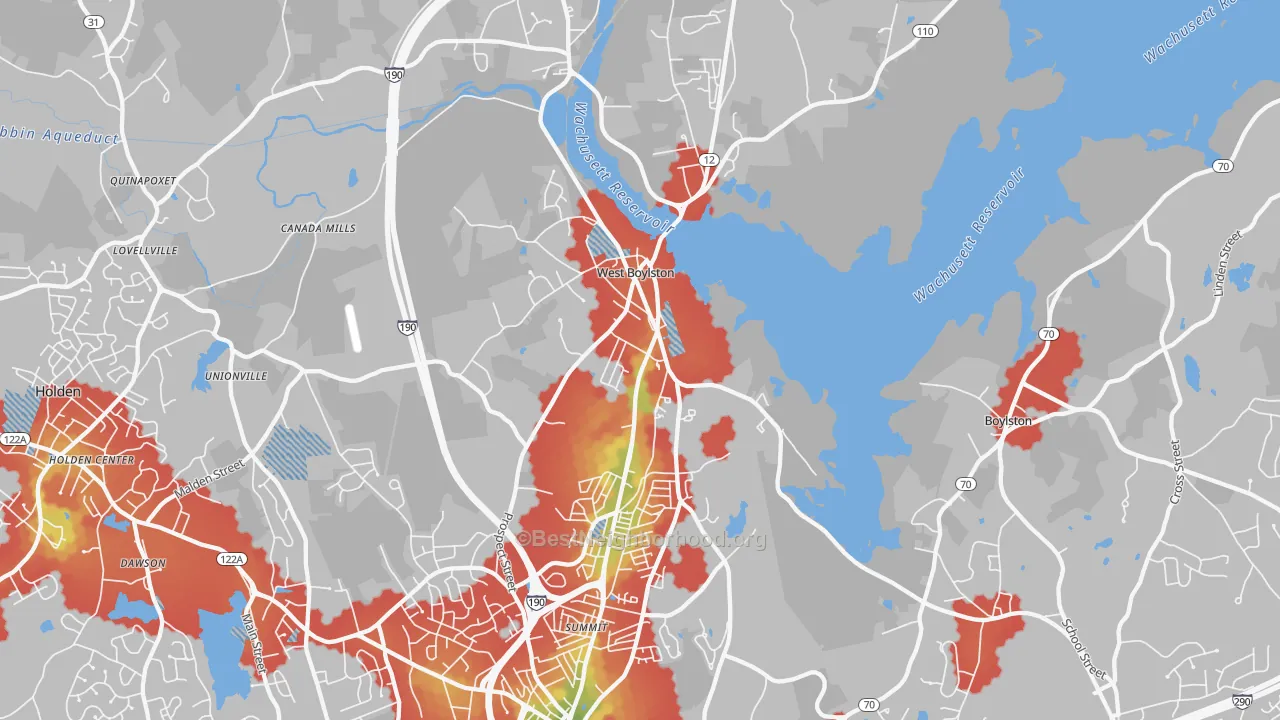 Walk Grade map of West Boylston, MA, walkable areas in green and car-dependent areas in red