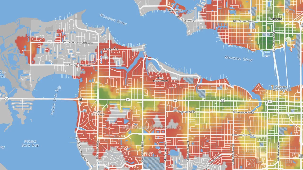 Walk Grade map of West Bradenton, FL, walkable areas in green and car-dependent areas in red