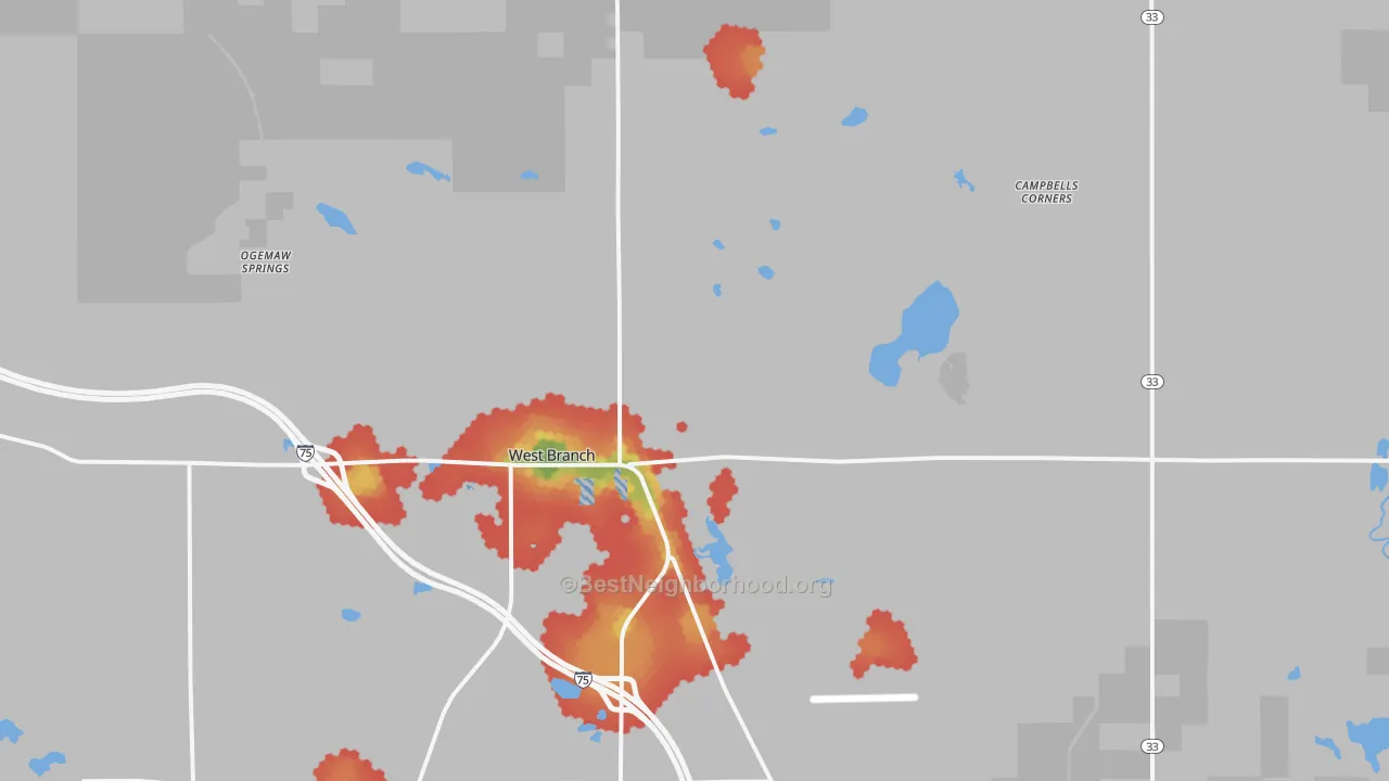 Walk Grade map of West Branch, MI, walkable areas in green and car-dependent areas in red