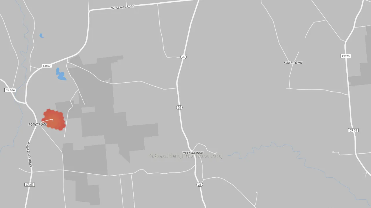 Walk Grade map of West Branch, NY, walkable areas in green and car-dependent areas in red