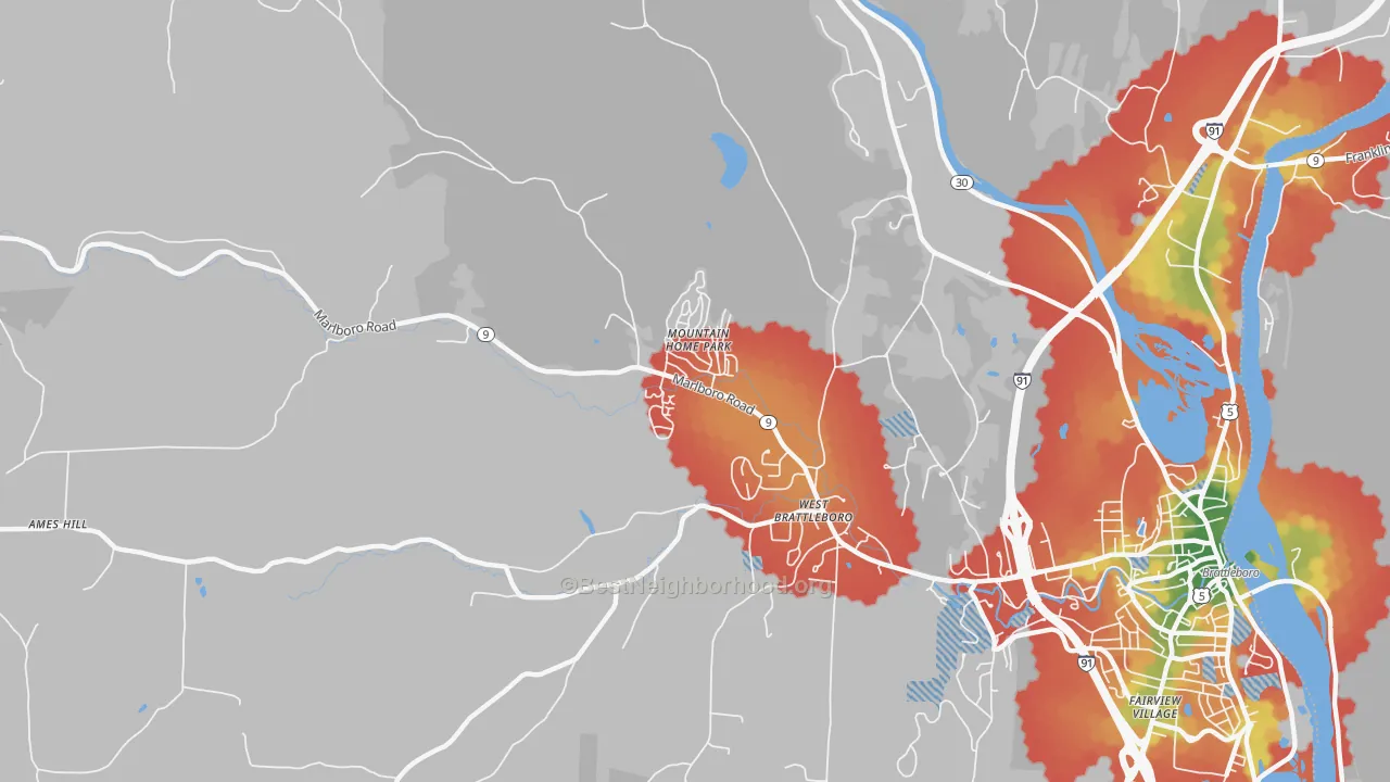 Walk Grade map of West Brattleboro, VT, walkable areas in green and car-dependent areas in red