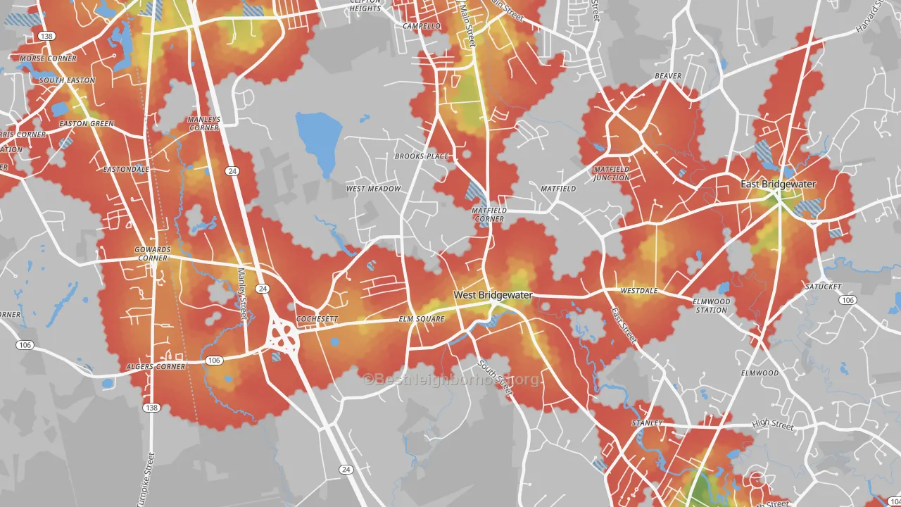 Walk Grade map of West Bridgewater, MA, walkable areas in green and car-dependent areas in red