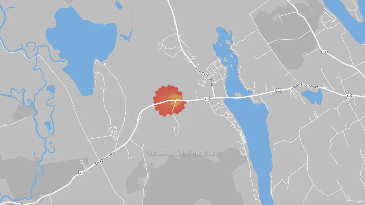 Walk Grade map of West Bridgton, ME, walkable areas in green and car-dependent areas in red