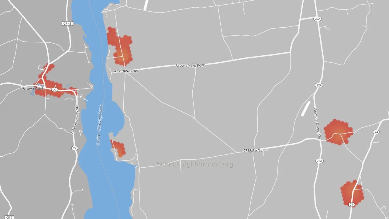 Walk Grade map of West Bridport, VT, walkable areas in green and car-dependent areas in red