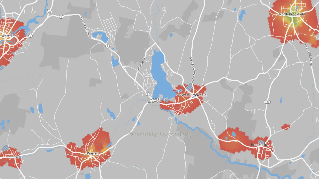 Walk Grade map of West Brookfield, MA, walkable areas in green and car-dependent areas in red
