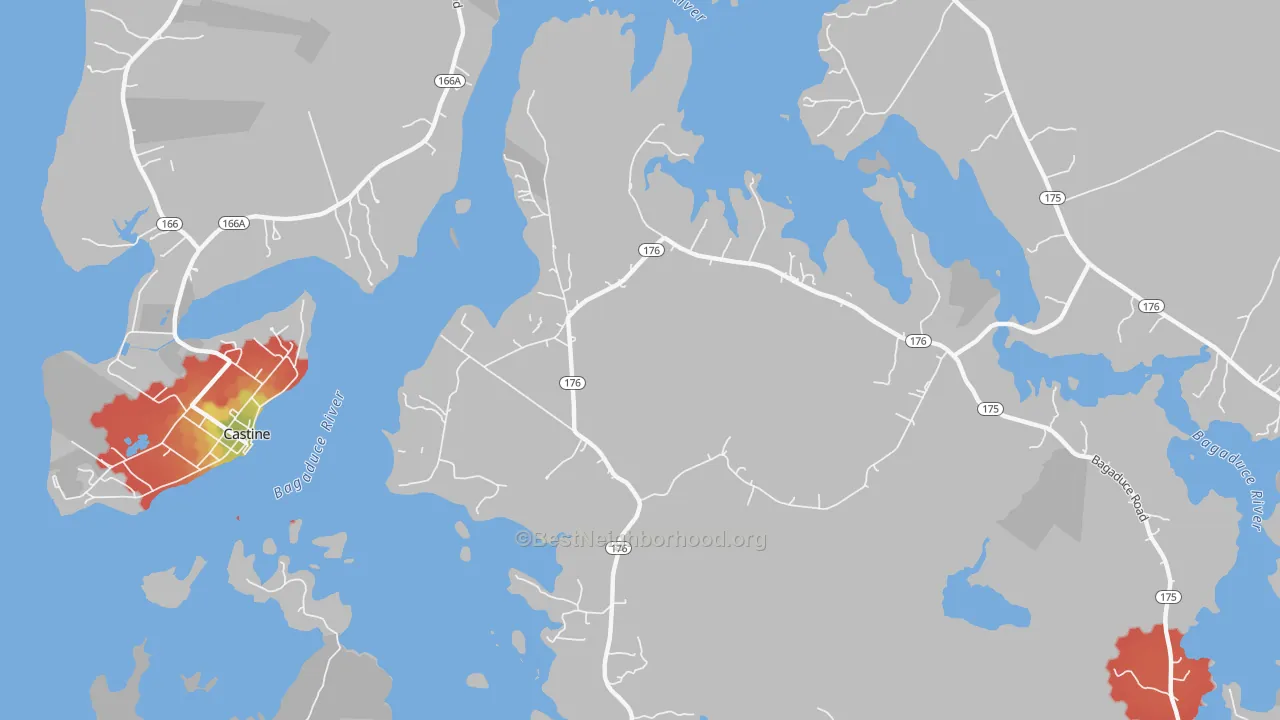 Walk Grade map of West Brooksville, ME, walkable areas in green and car-dependent areas in red