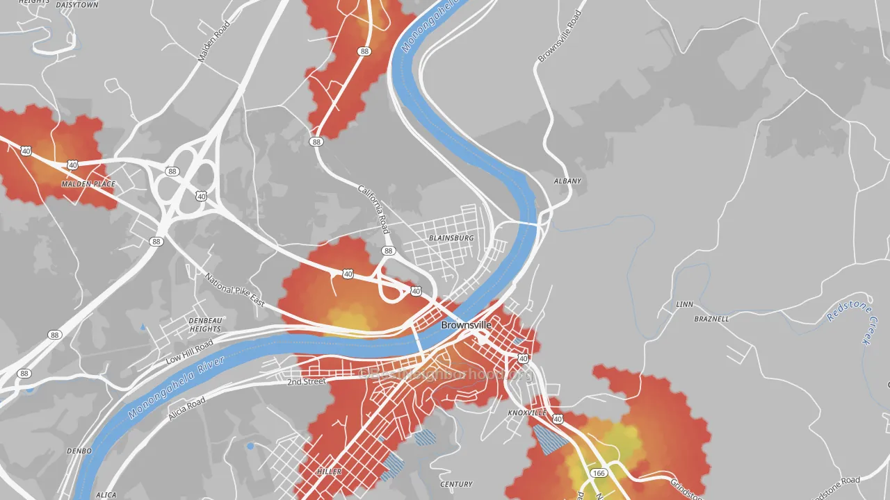 Walk Grade map of West Brownsville, PA, walkable areas in green and car-dependent areas in red
