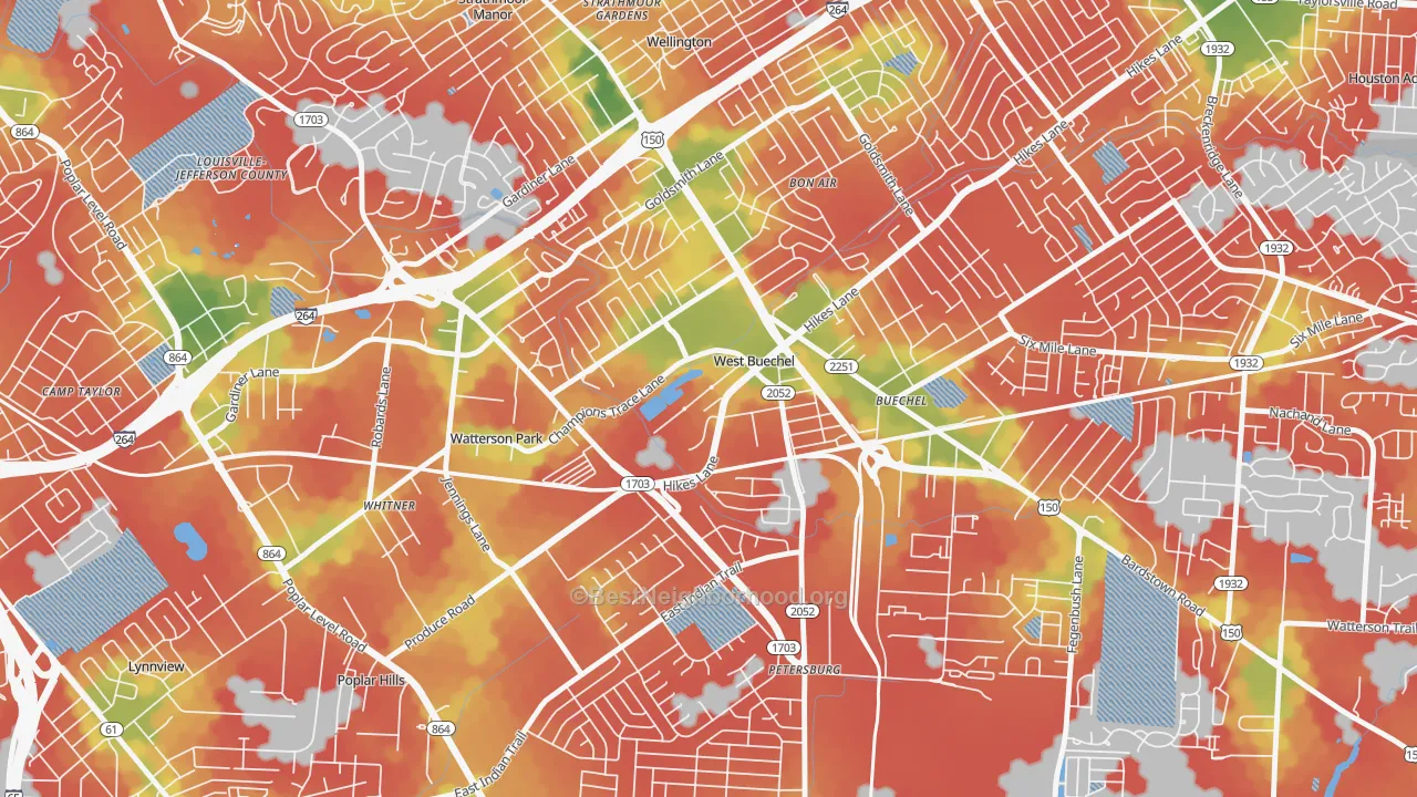 Walk Grade map of West Buechel, KY, walkable areas in green and car-dependent areas in red