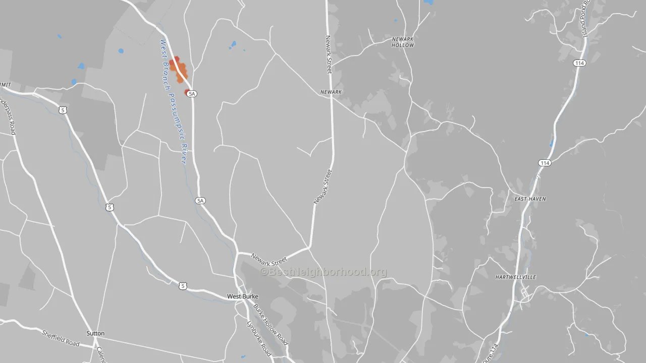 Walk Grade map of West Burke, VT, walkable areas in green and car-dependent areas in red