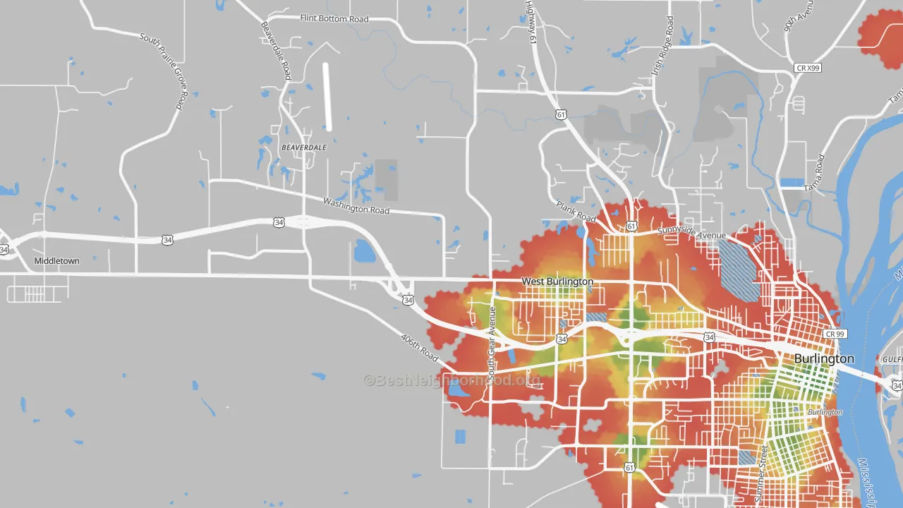 Walk Grade map of West Burlington, IA, walkable areas in green and car-dependent areas in red