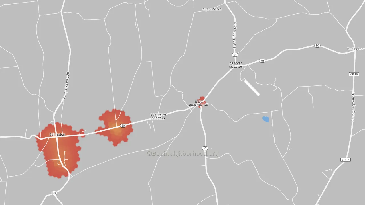 Walk Grade map of West Burlington, NY, walkable areas in green and car-dependent areas in red