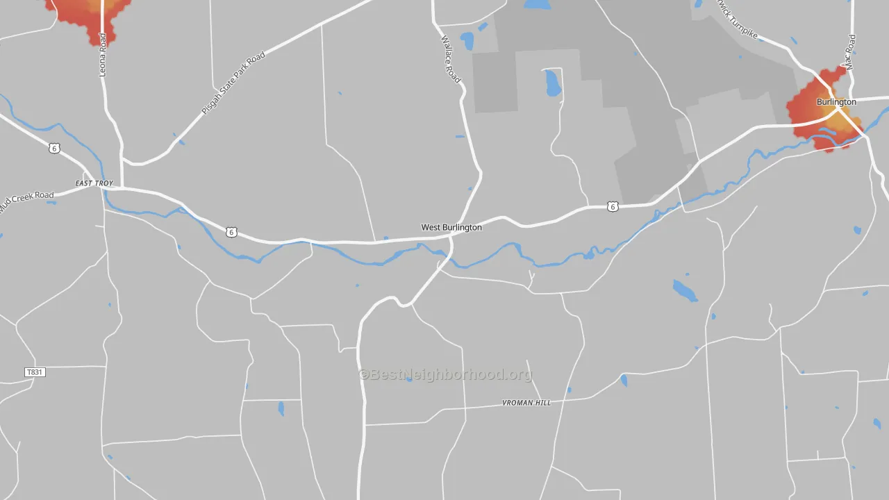 Walk Grade map of West Burlington, PA, walkable areas in green and car-dependent areas in red
