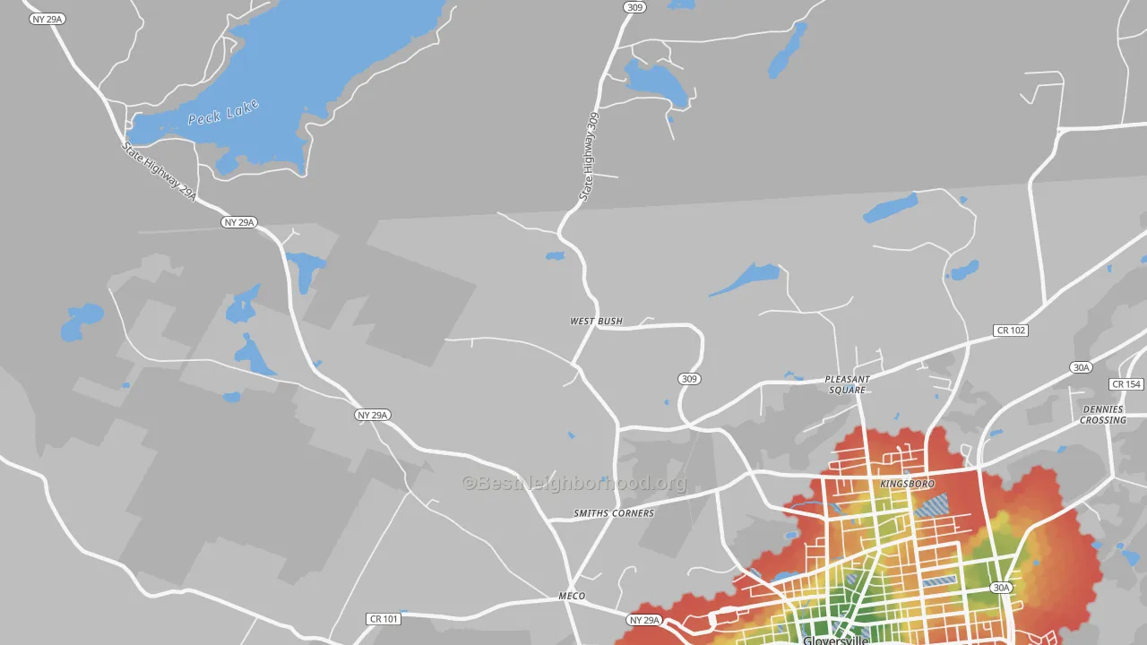 Walk Grade map of West Bush, NY, walkable areas in green and car-dependent areas in red