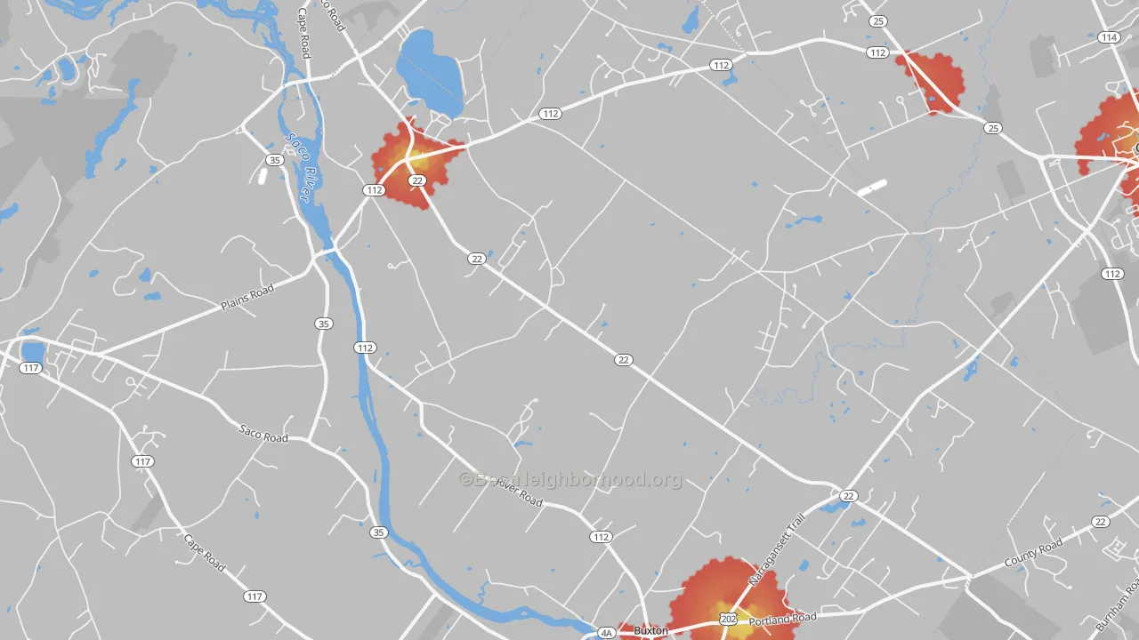 Walk Grade map of West Buxton, ME, walkable areas in green and car-dependent areas in red
