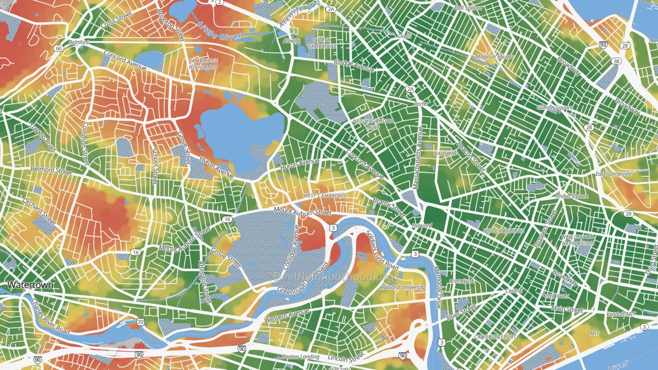 Walk Grade map of West Cambridge, Cambridge, MA, walkable areas in green and car-dependent areas in red
