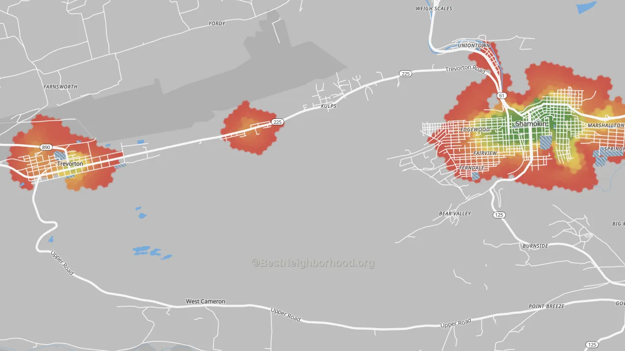 Walk Grade map of West Cameron, PA, walkable areas in green and car-dependent areas in red