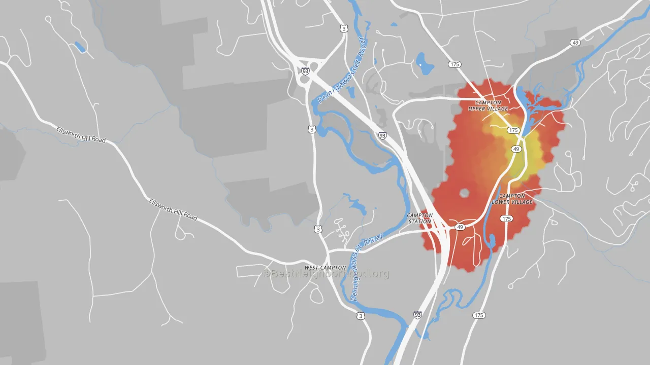 Walk Grade map of West Campton, NH, walkable areas in green and car-dependent areas in red