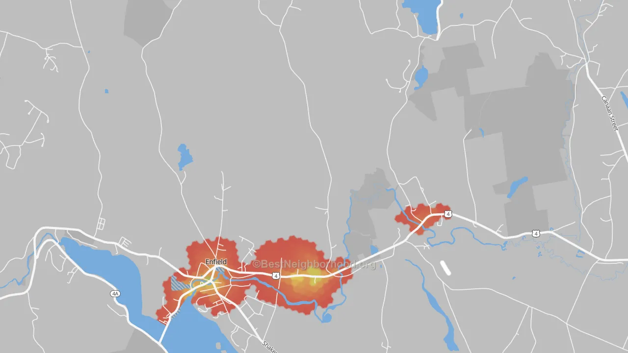 Walk Grade map of West Canaan, NH, walkable areas in green and car-dependent areas in red