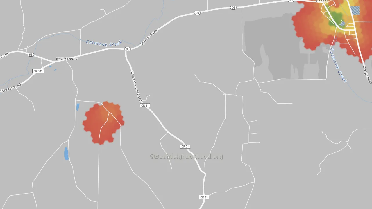Walk Grade map of West Candor, NY, walkable areas in green and car-dependent areas in red