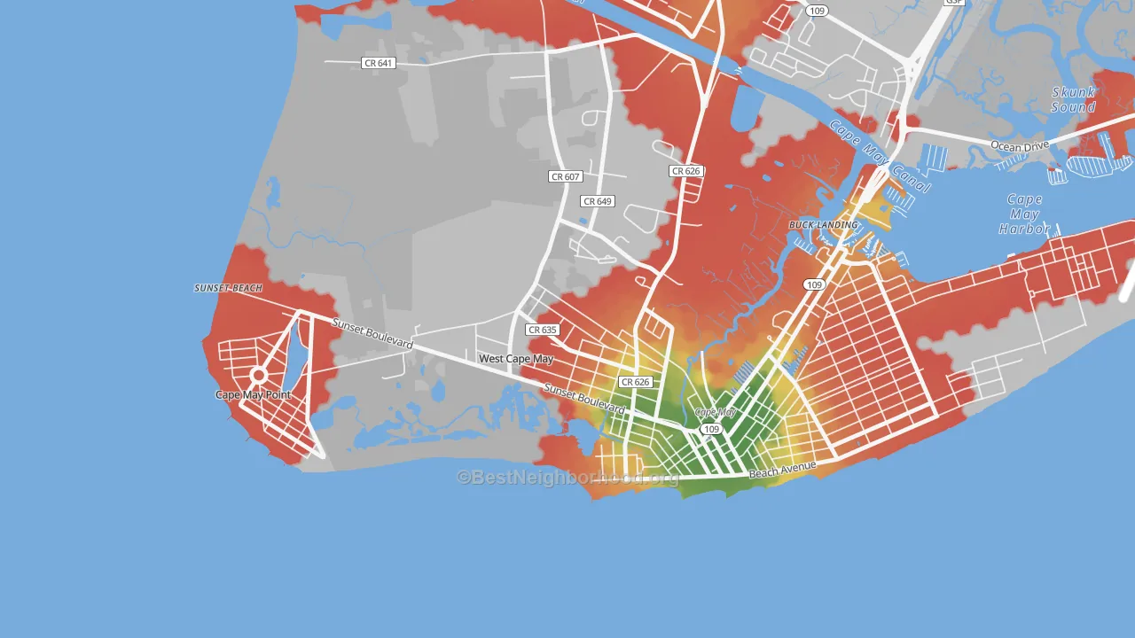 Walk Grade map of West Cape May, NJ, walkable areas in green and car-dependent areas in red