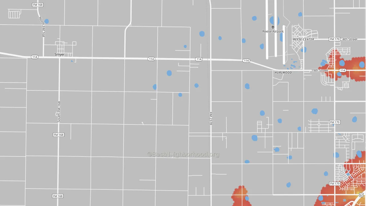 Walk Grade map of West Carlisle, TX, walkable areas in green and car-dependent areas in red