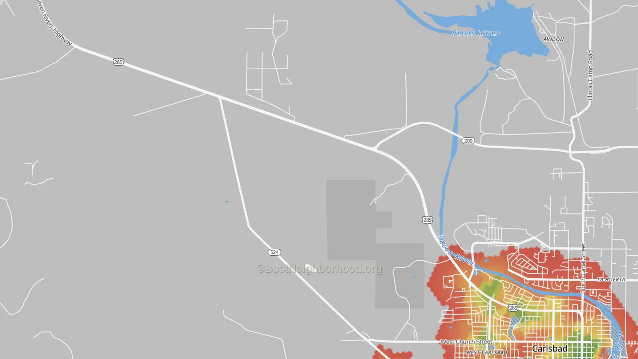 Walk Grade map of West Carlsbad, NM, walkable areas in green and car-dependent areas in red