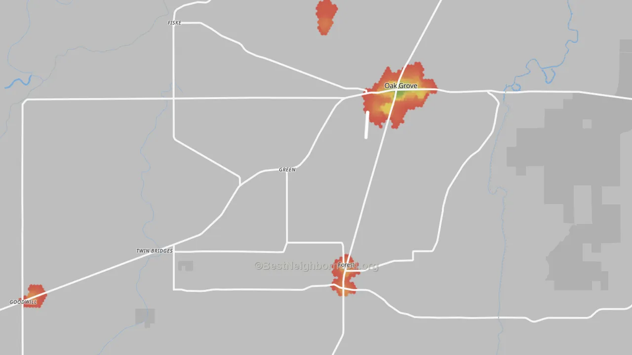 Walk Grade map of West Carroll Parish, LA, walkable areas in green and car-dependent areas in red