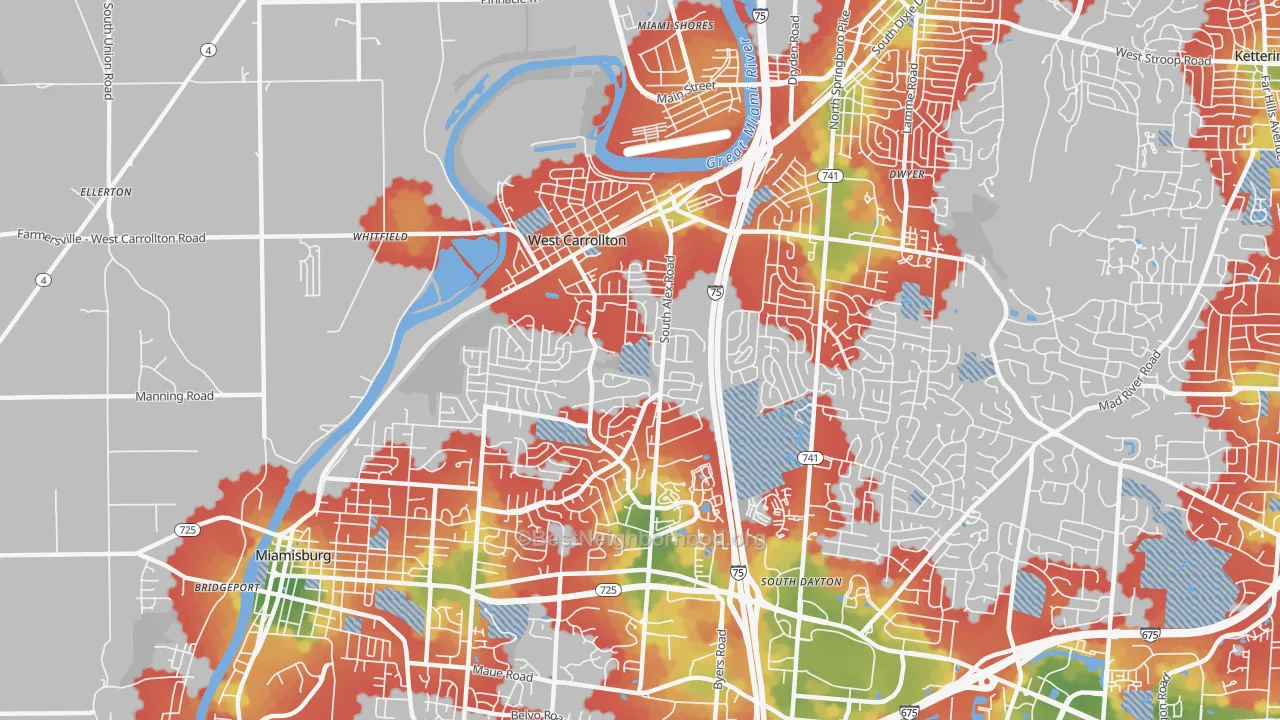 Walk Grade map of West Carrollton, OH, walkable areas in green and car-dependent areas in red