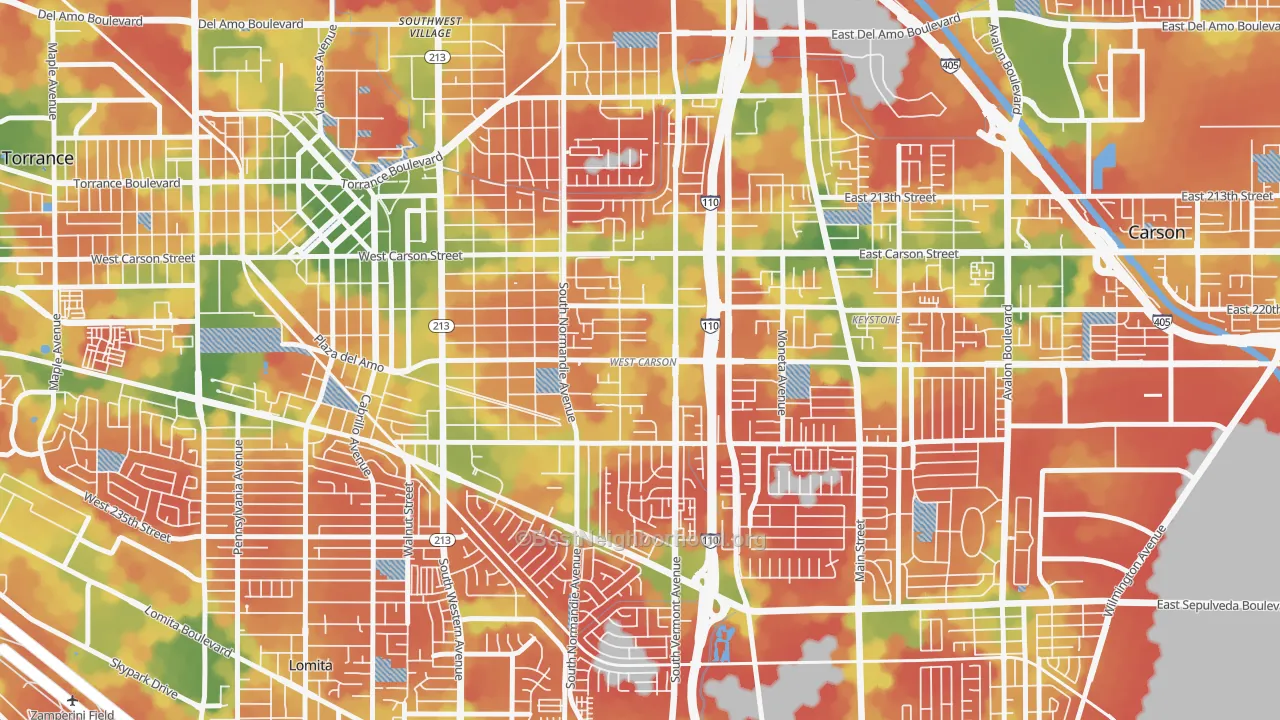 Walk Grade map of West Carson, CA, walkable areas in green and car-dependent areas in red