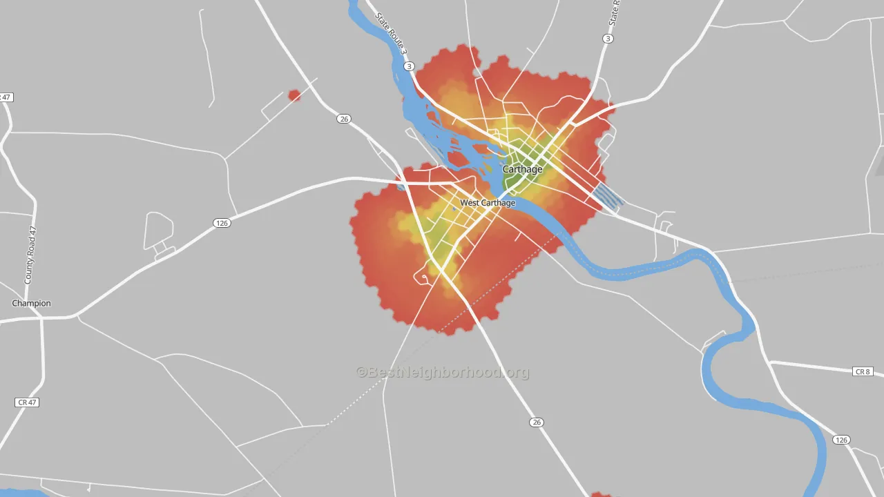 Walk Grade map of West Carthage, NY, walkable areas in green and car-dependent areas in red