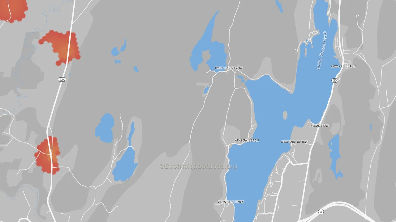 Walk Grade map of West Castleton, VT, walkable areas in green and car-dependent areas in red
