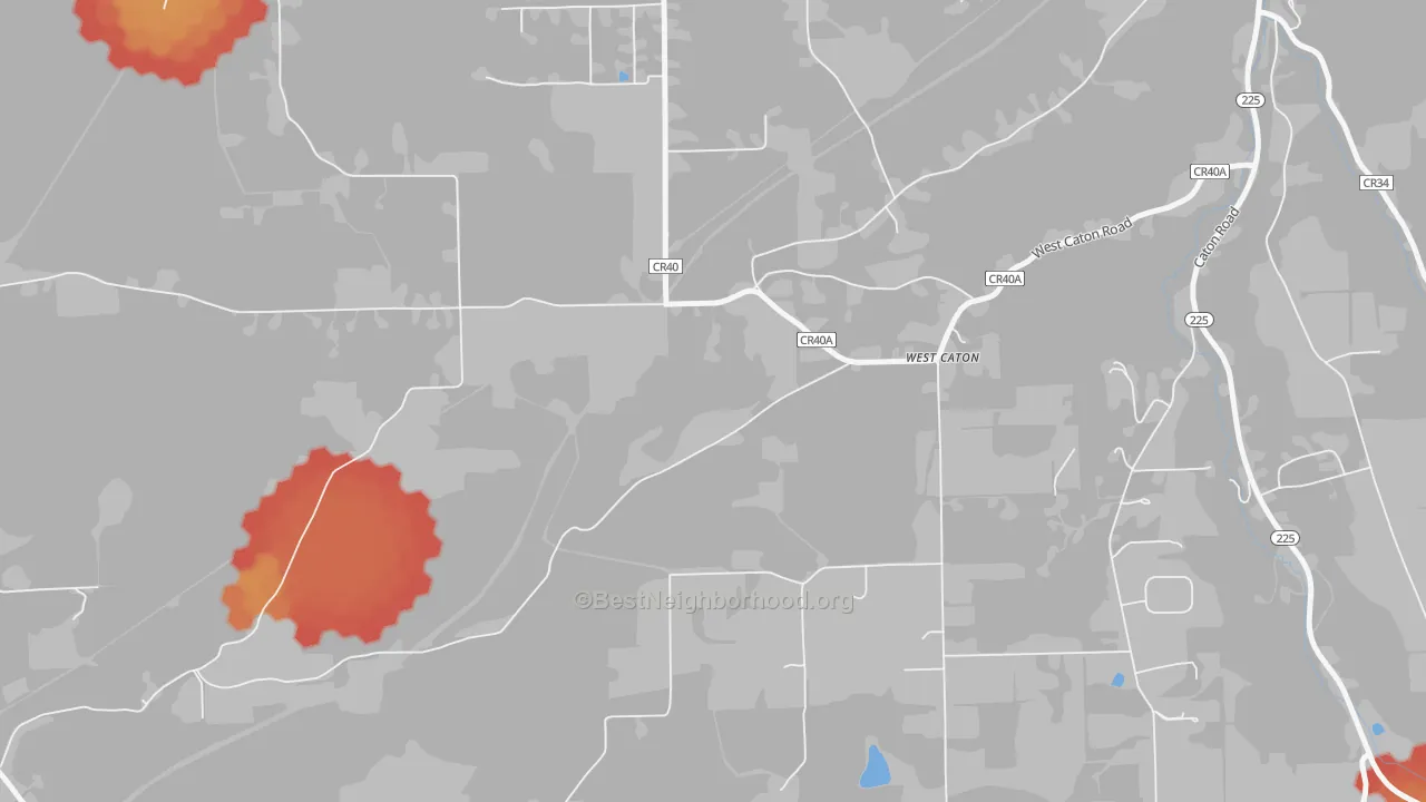 Walk Grade map of West Caton, NY, walkable areas in green and car-dependent areas in red
