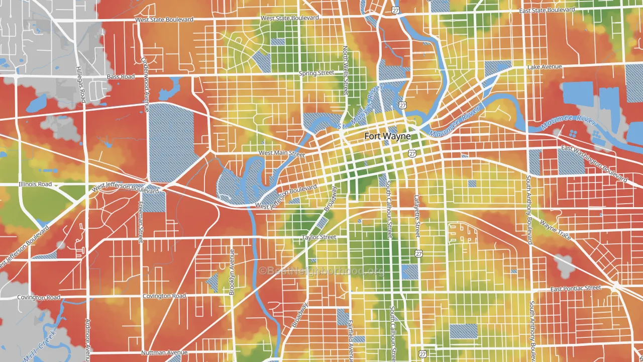 Walk Grade map of West Central, Fort Wayne, IN, walkable areas in green and car-dependent areas in red